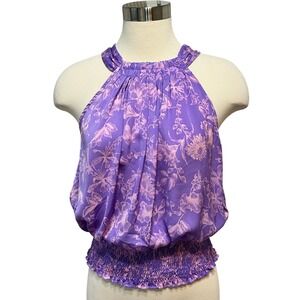 DO+BE Floral Halter Blouse Womens S Purple Satin Chic Party Spring Smocked NWT